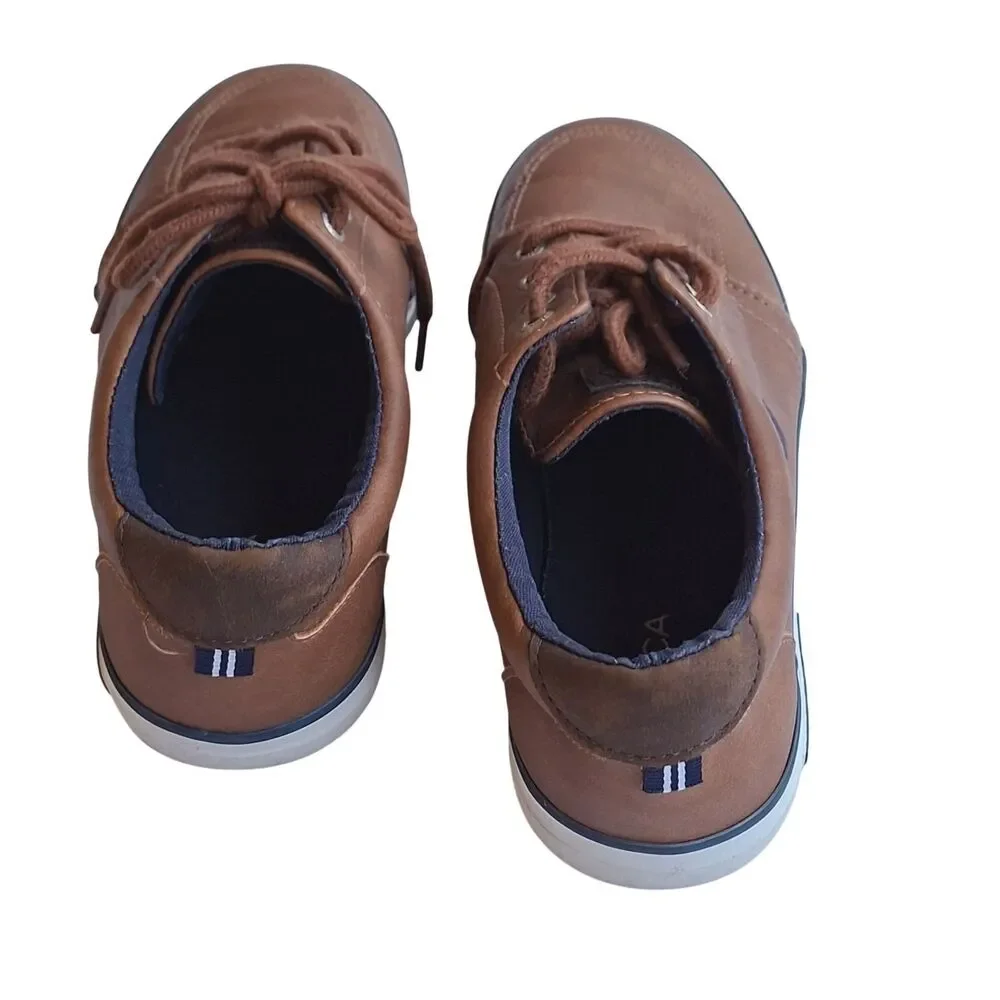 Nautica Boys Brown Faux Leather Low Top Sneakers Lace Up Casual Shoes GOOD